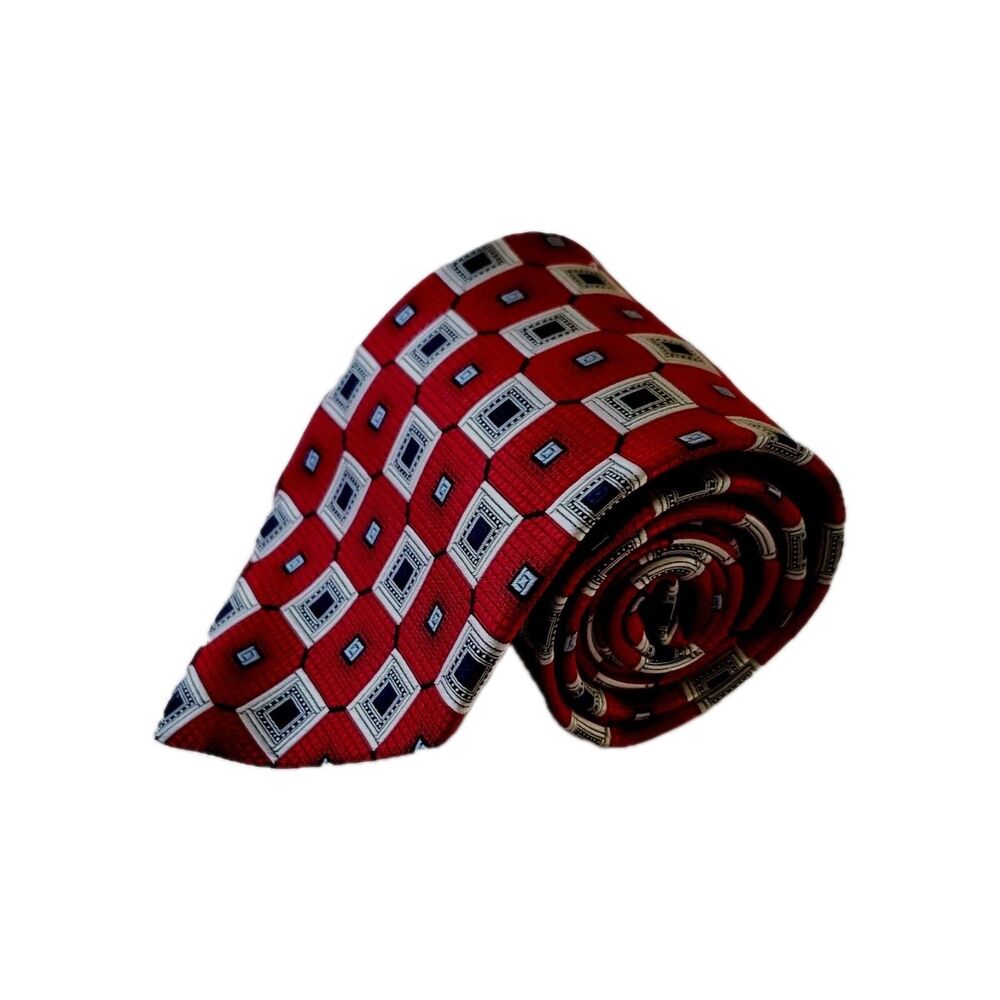 Valerio Garati 100% Silk Jacquard Necktie Red Silver Geometric Accents Handmade